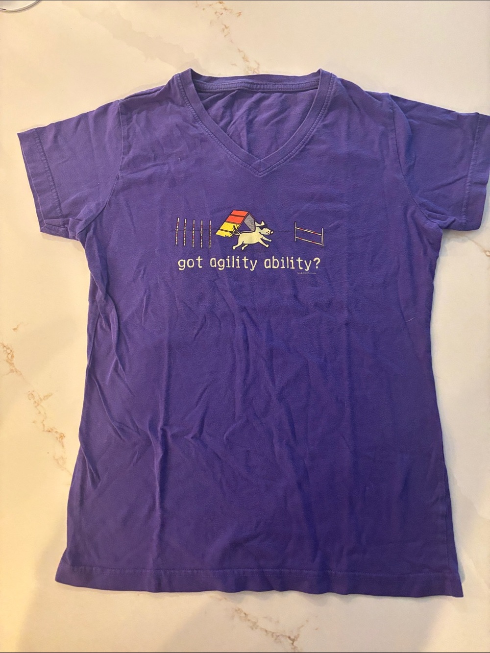 Purple V-Neck Short Sleeve Tee with Agility Dog Graphic